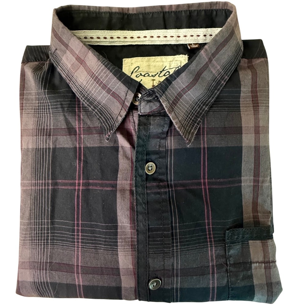 Coastal Mens Large Short Sleeve Plaid Button Down Shirt Black Purple Grey L